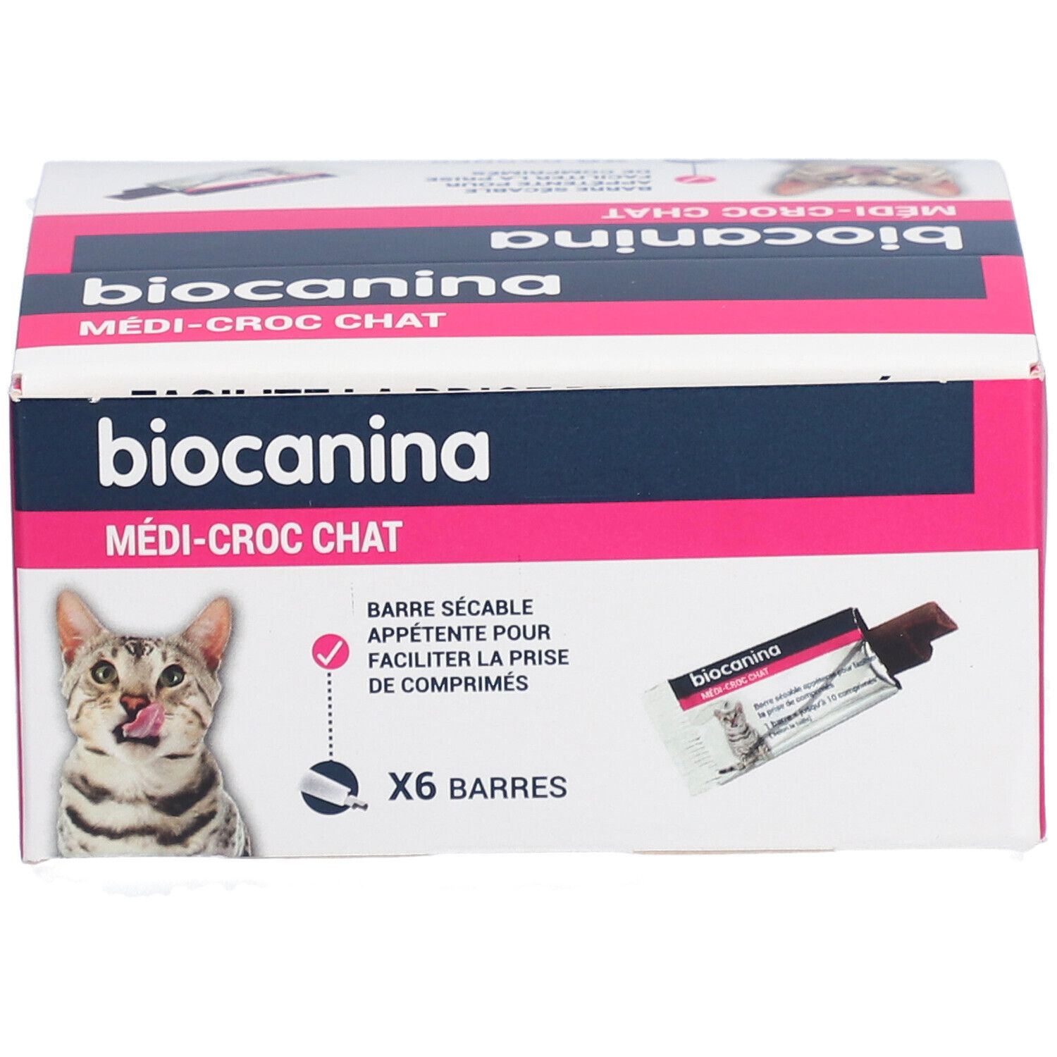 Verpackung von biocanina Medi-Croc Chat. Vorderansicht mit Produktnamen, Katze und 6 Riegeln.