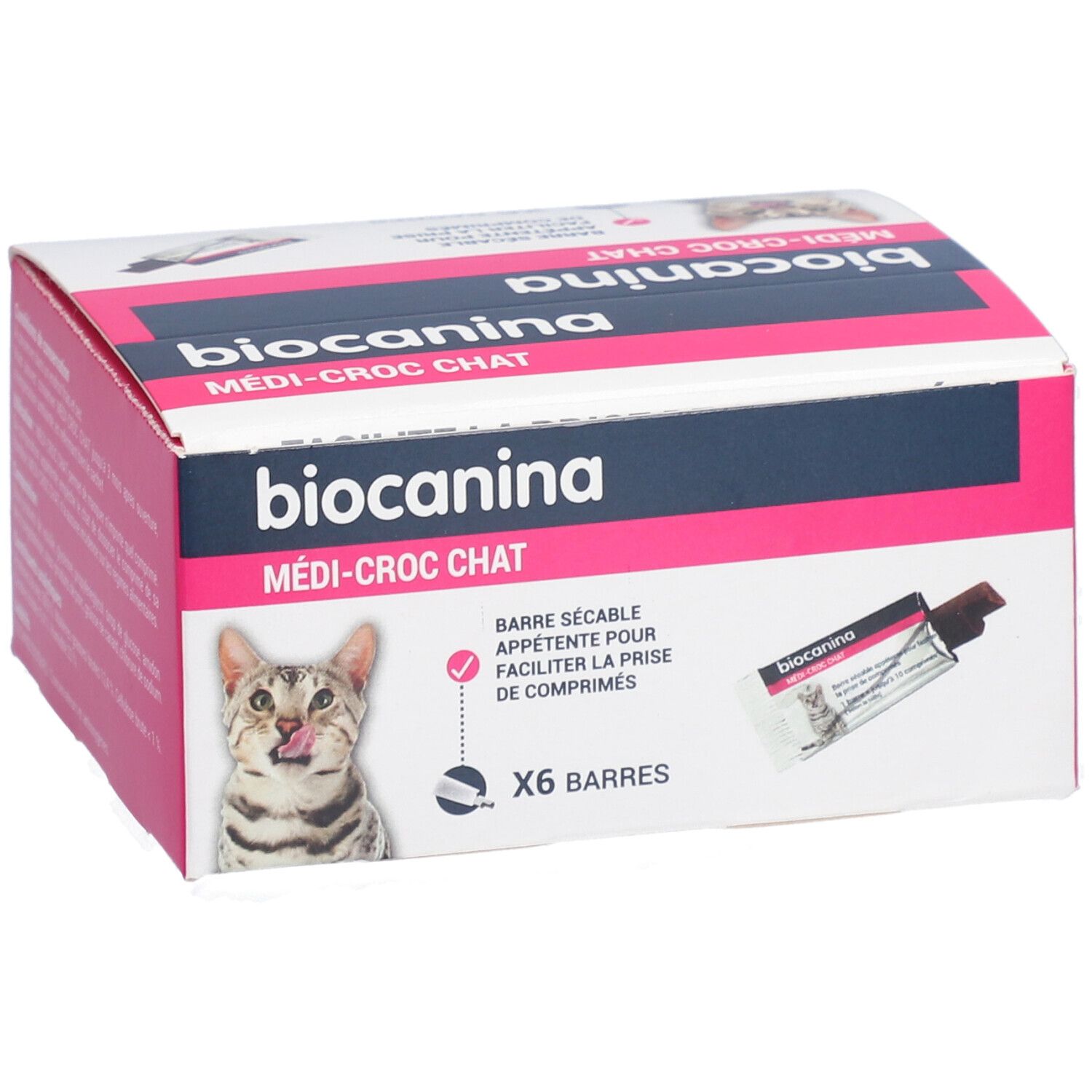 Verpackung von biocanina Medi-Croc Chat. Vorderansicht mit Produktnamen, Katze, 6 Riegeln und geöffneter Riegel.