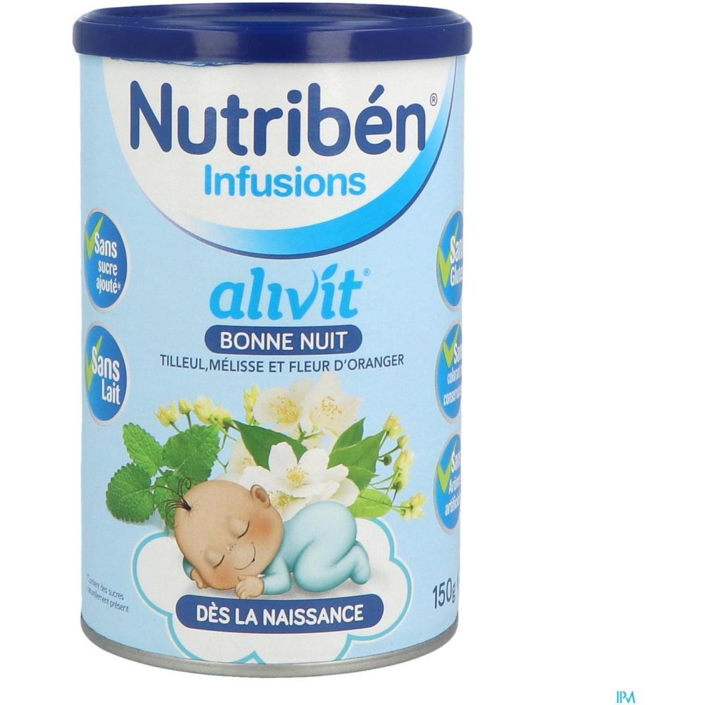 Boîte bleue claire 'Nutribén Infusions Alivit Bonne Nuit'. Bébé, fleurs et feuilles. 'Sans sucre ajouté', 'Sans lait'.