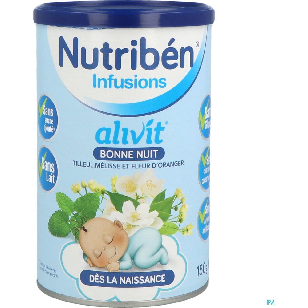 Boîte bleue claire 'Nutribén Infusions Alivit Bonne Nuit'. Bébé, fleurs et feuilles. 'Sans sucre ajouté', 'Sans lait'.