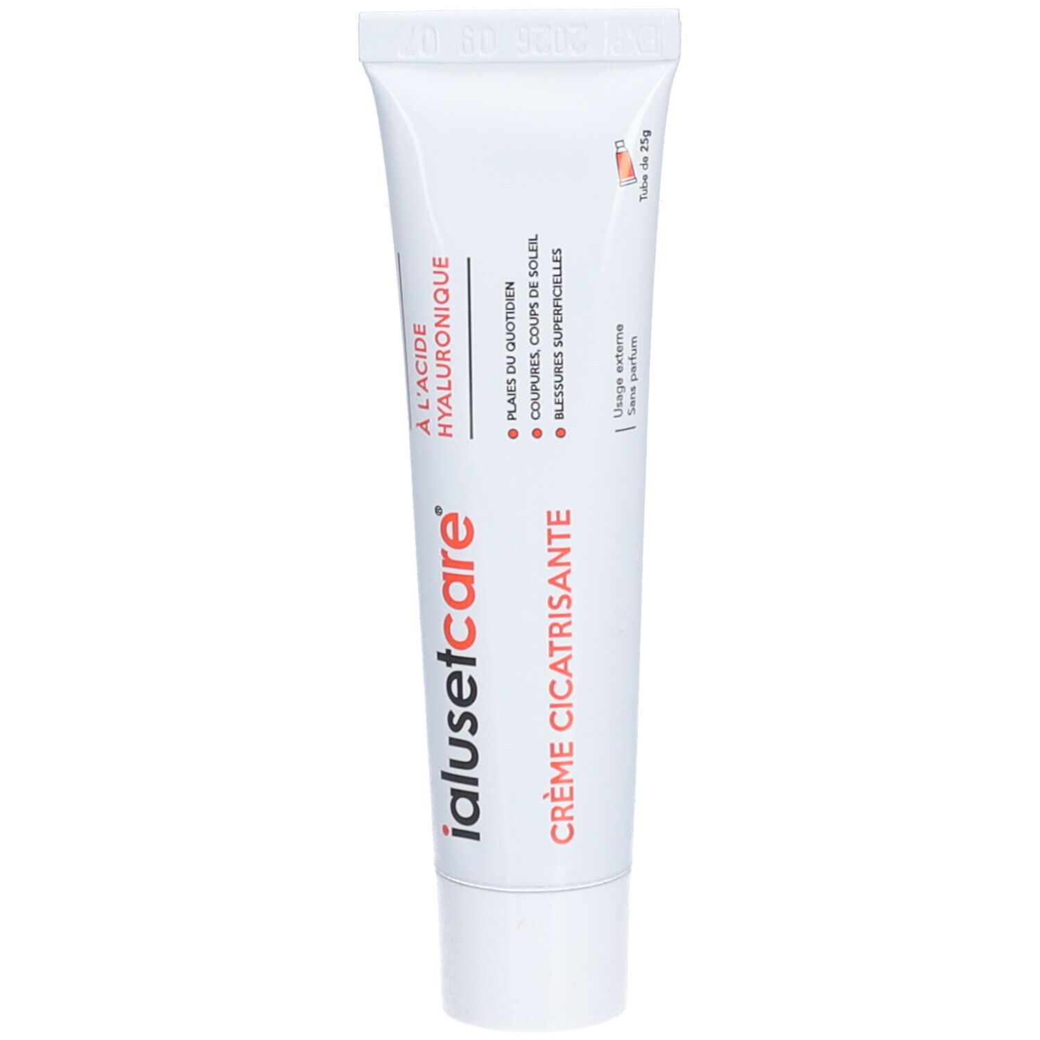Tube de crème cicatrisante Ialusetcare. Blanc, lettrage rouge et noir. Contient de l'acide hyaluronique. Pour plaies superficielles.