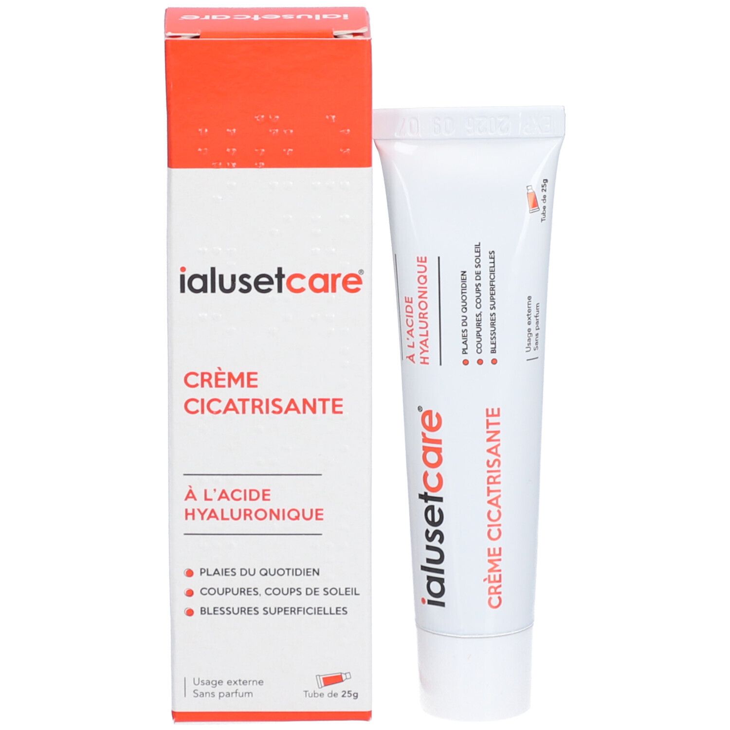 Tube et boîte Ialusetcare Crème Cicatrisante. Tube blanc, lettrage rouge et noir. Boîte avec informations produit.