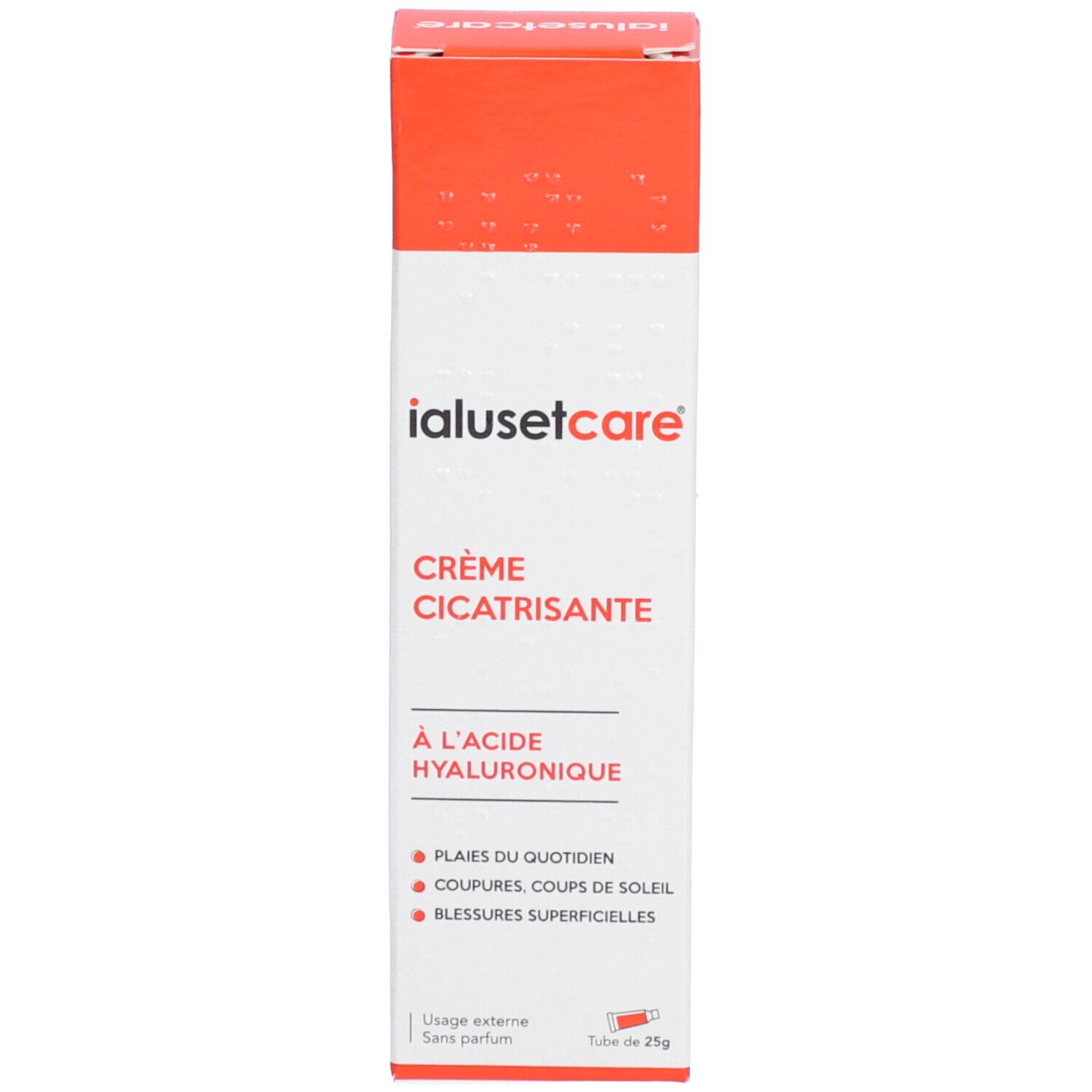 Boîte Ialusetcare Crème Cicatrisante. Blanc avec lettrage rouge. Contient des informations sur le produit et son utilisation.