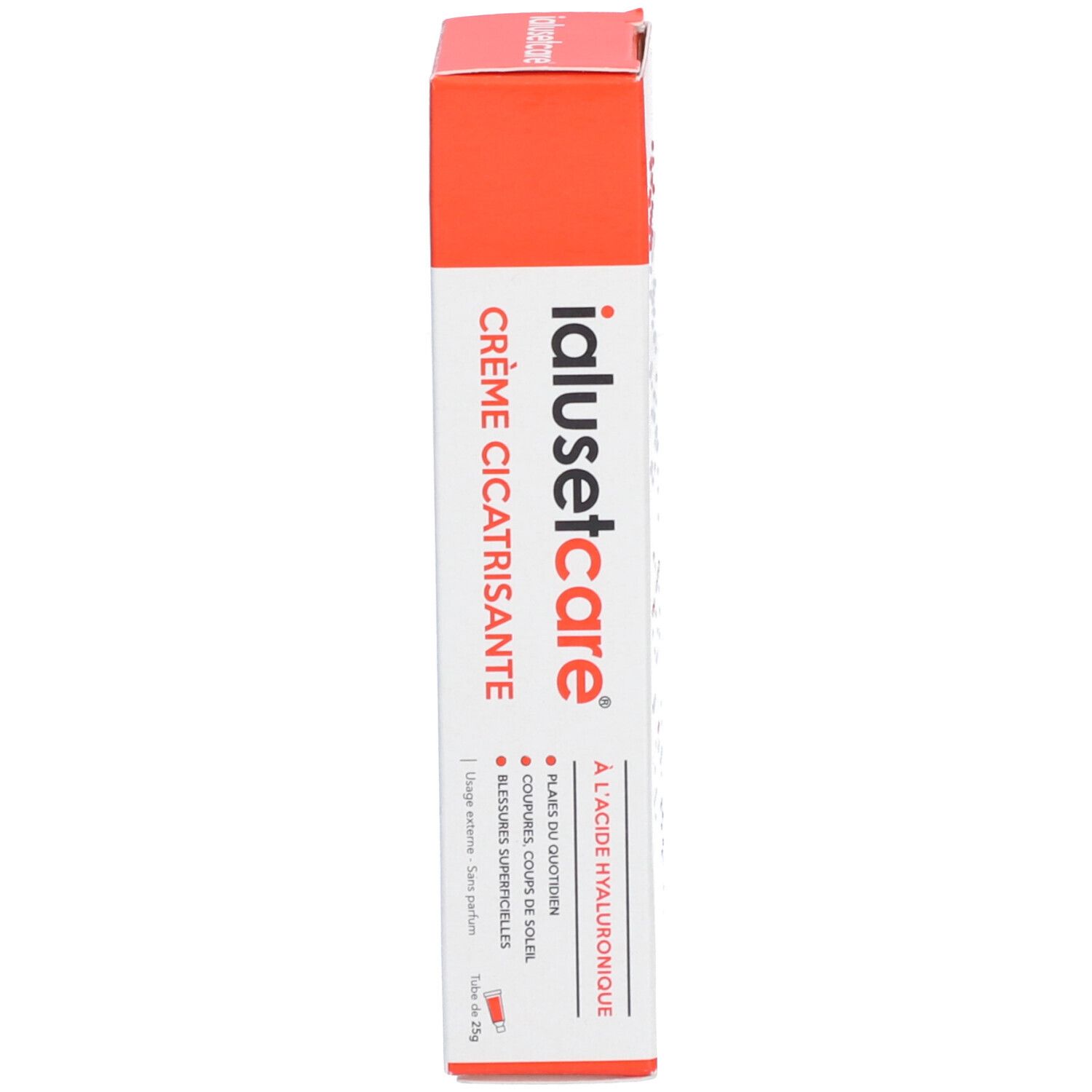 Boîte Ialusetcare Crème Cicatrisante. Lettrage rouge et blanc. Contient nom, ingrédients et indications.