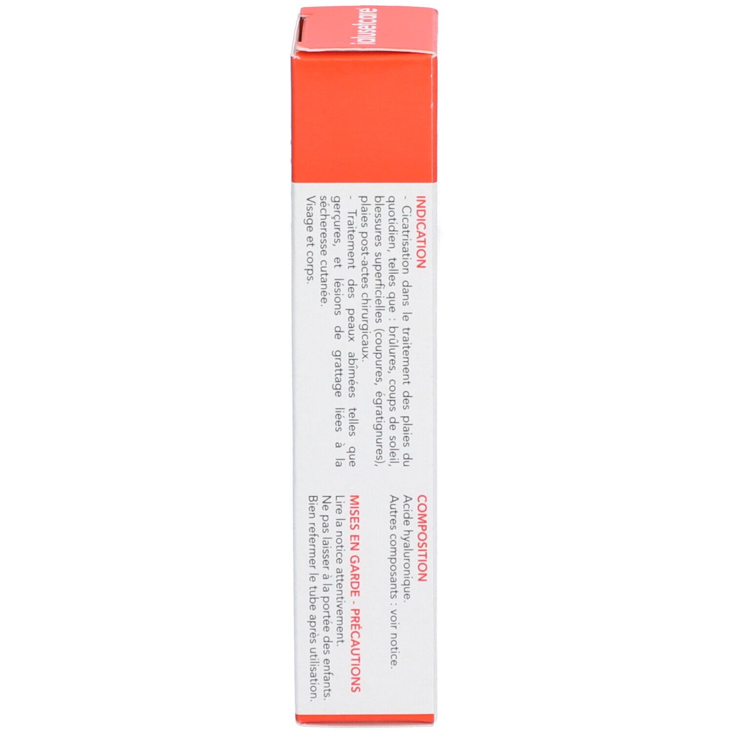 Côté de la boîte Ialusetcare avec informations produit. Indications, ingrédients et précautions d'emploi.