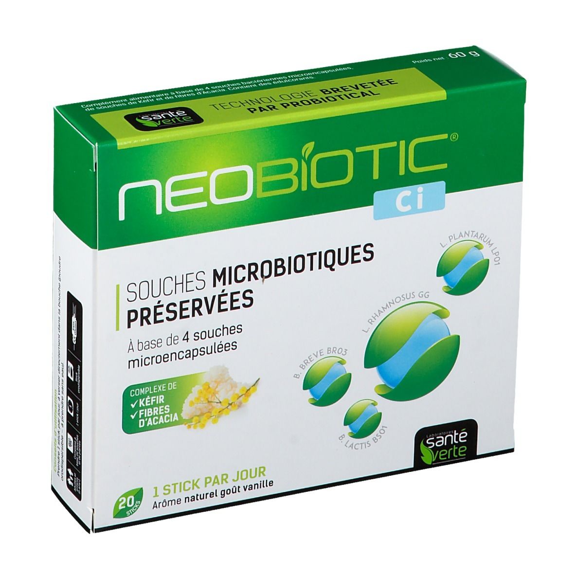 Boîte blanche et verte NEOBIOTIC Ci. Inscription 'Souches Microbiotiques Preservées'. Contient 20 sticks, arôme vanille. Logo Santé Verte.