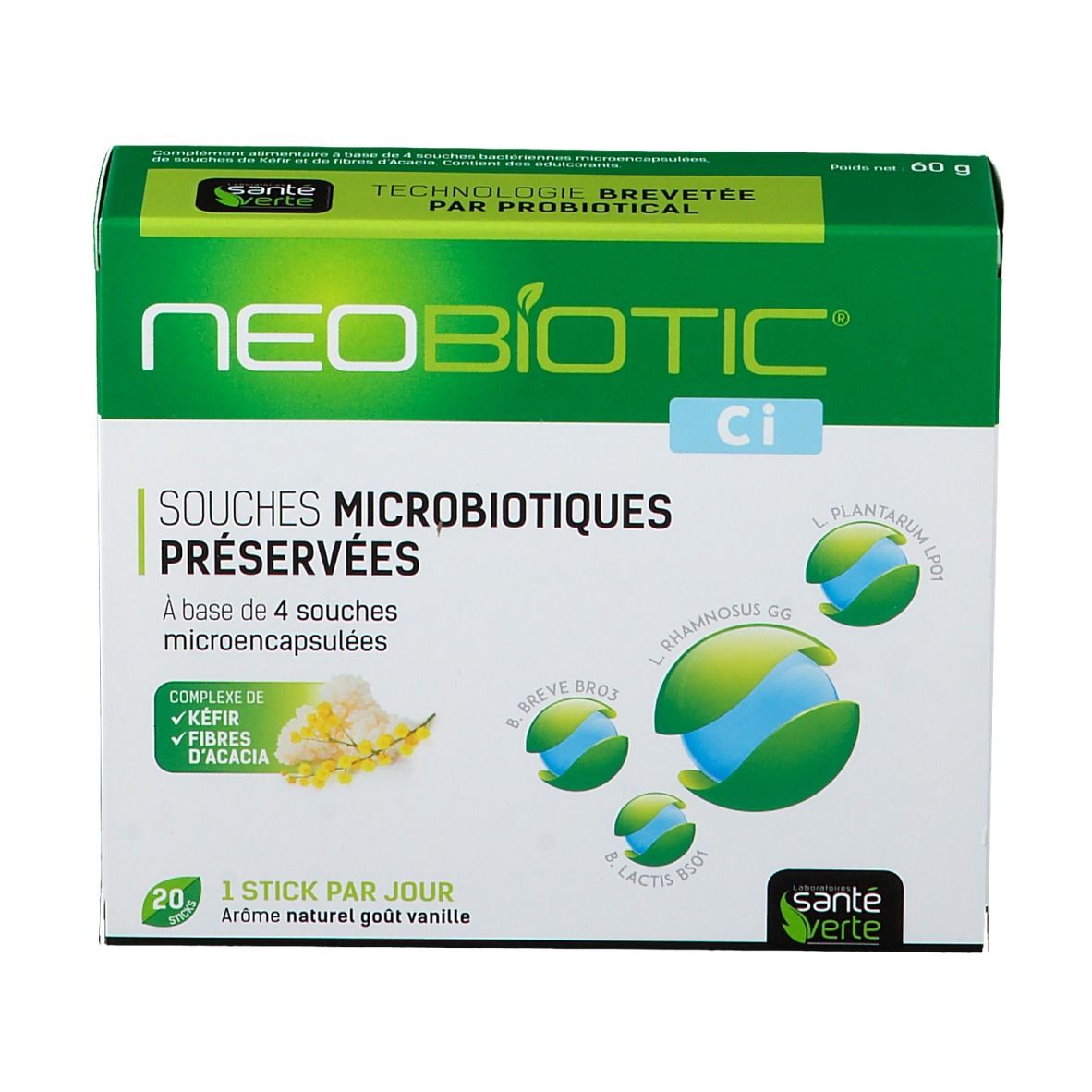 Boîte blanche et verte NEOBIOTIC Ci. Inscription 'Souches Microbiotiques Preservées'. Contient 20 sticks, arôme vanille. Logo Santé Verte.