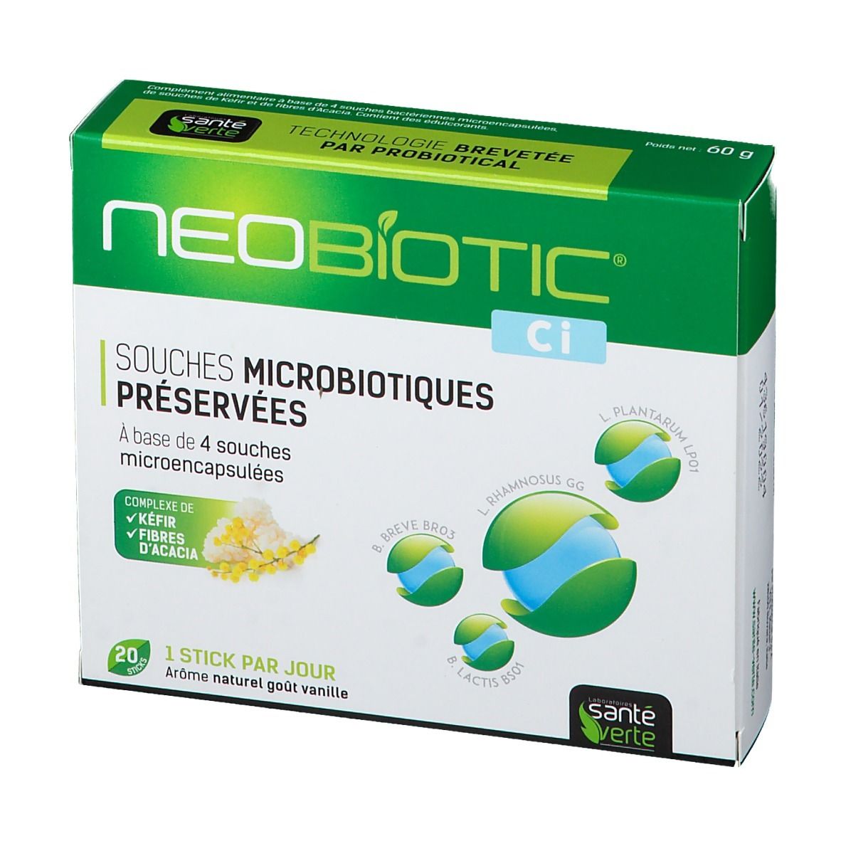 Boîte blanche et verte NEOBIOTIC Ci. Inscription 'Souches Microbiotiques Preservées'. Contient 20 sticks, arôme vanille. Logo Santé Verte.