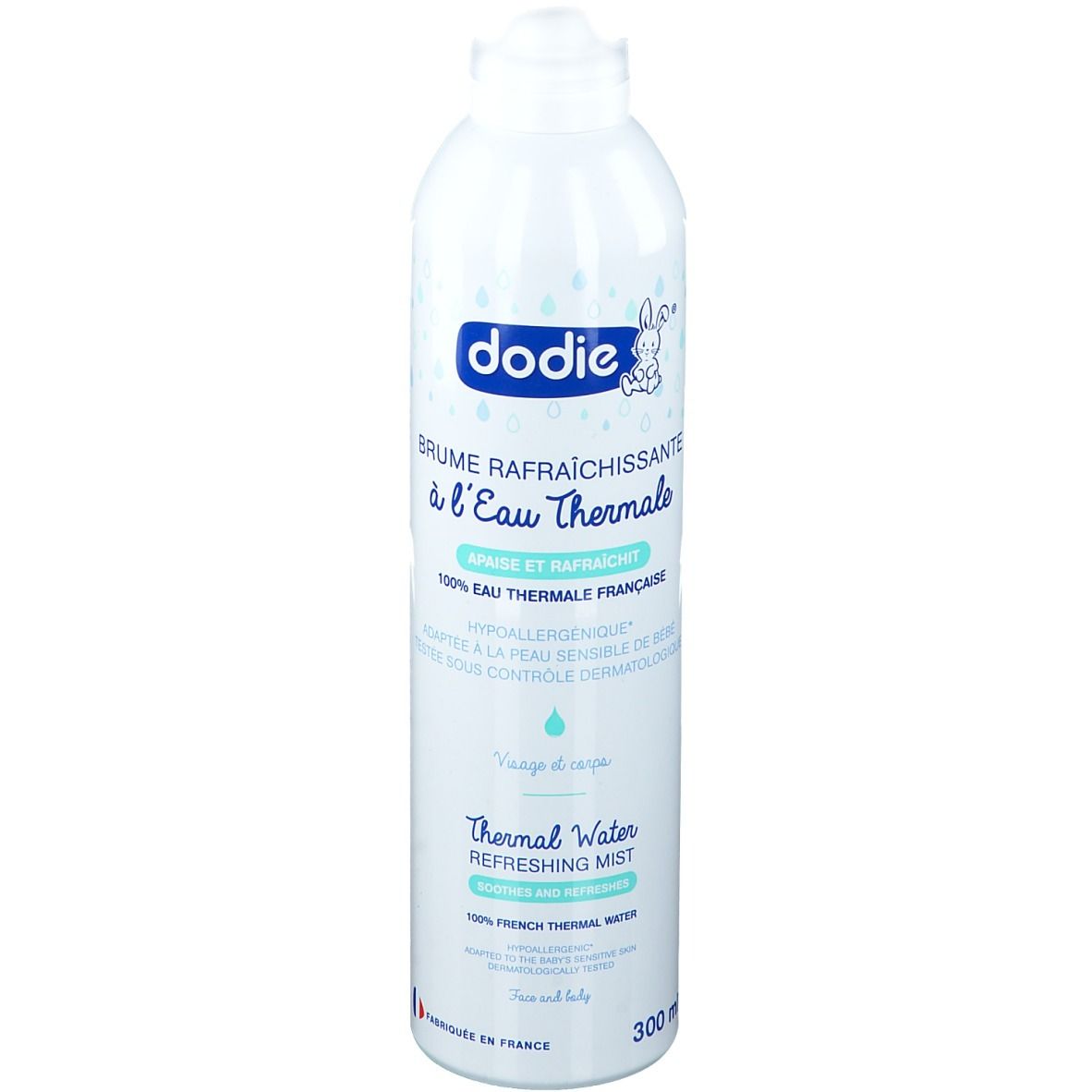 Flacon vaporisateur blanc avec logo dodie®. "Brume Rafraîchissante à l'Eau Thermale". 300 ml.