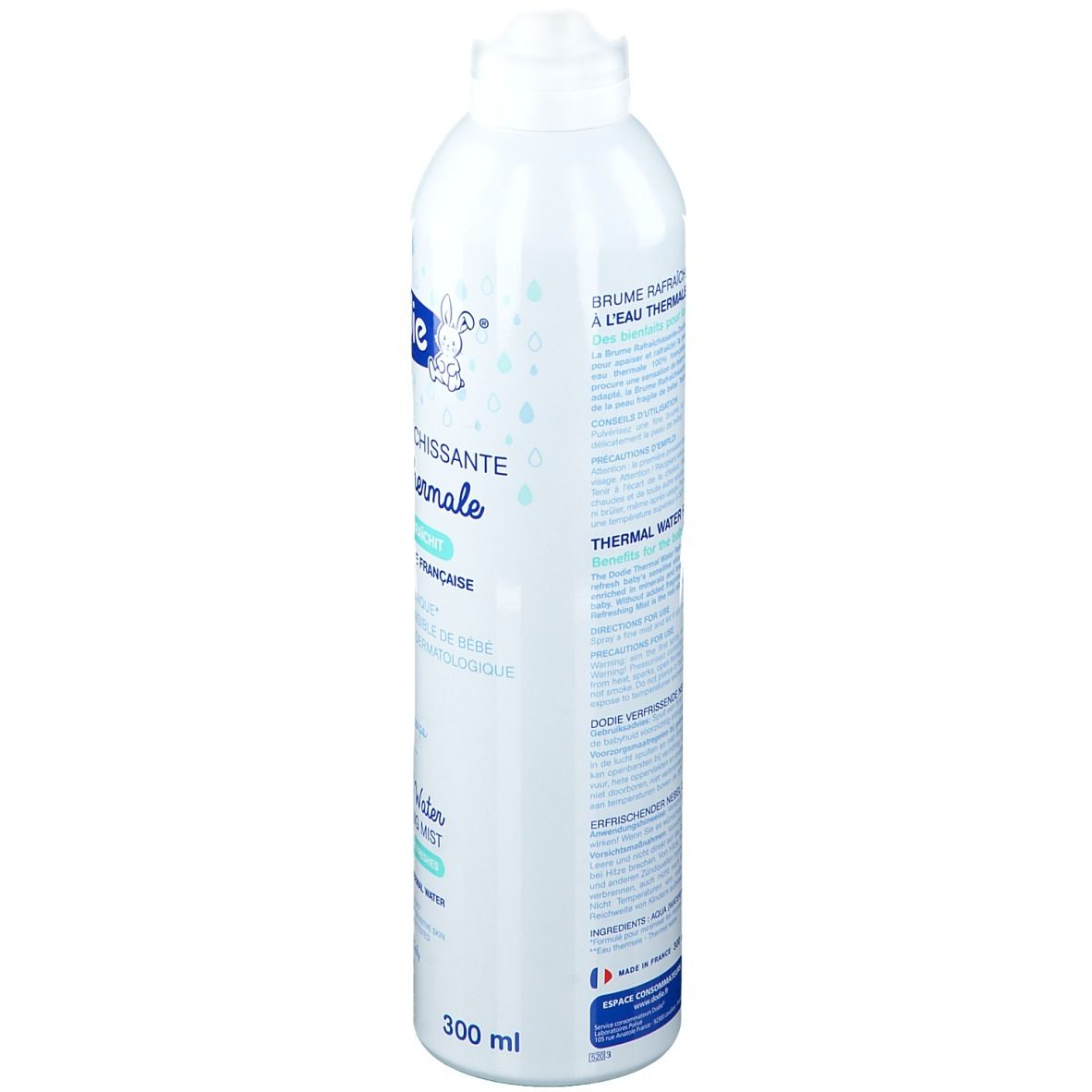 Flacon vaporisateur blanc. Informations produit au dos en plusieurs langues. 300 ml.