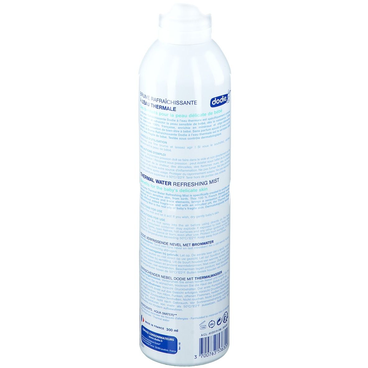 Flacon vaporisateur blanc. Informations produit au dos en plusieurs langues. 300 ml.