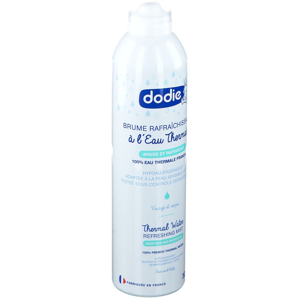 Flacon vaporisateur blanc avec logo dodie®. "Brume Rafraîchissante à l'Eau Thermale". 50 ml.