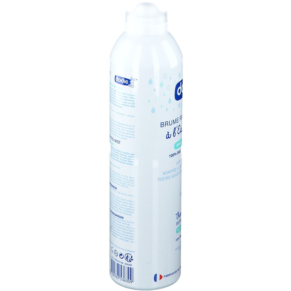 Flacon vaporisateur blanc. Informations produit au dos en plusieurs langues. 50 ml.