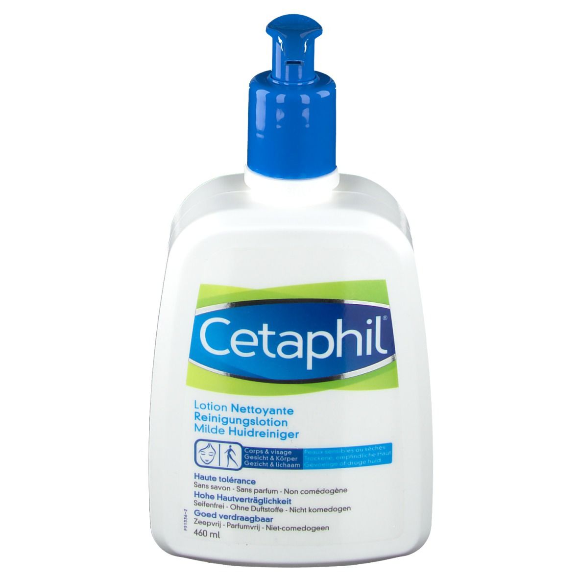 Weiße Flasche mit blauem Pumpkopf. Aufschrift Cetaphil. Text in Deutsch, Französisch und Niederländisch.