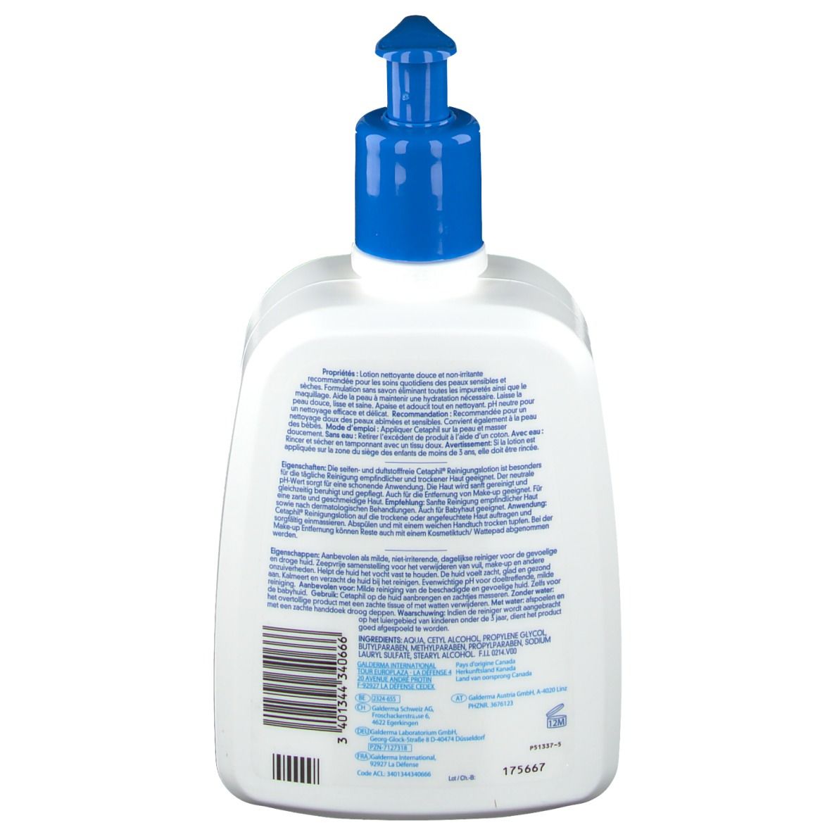 Rückseite einer weißen Flasche mit blauem Pumpkopf. Text in mehreren Sprachen, darunter Deutsch und Französisch.