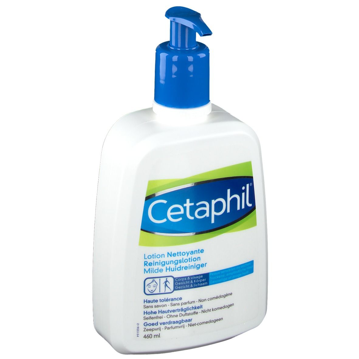 Weiße Flasche mit blauem Pumpkopf. Aufschrift Cetaphil. Text in Deutsch, Französisch und Niederländisch.