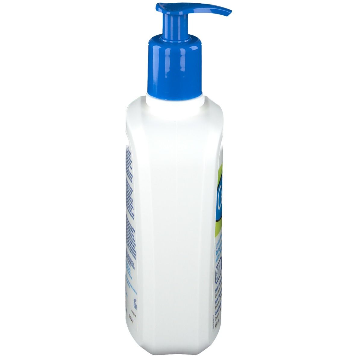 Weiße Flasche mit blauem Pumpkopf. Seitenansicht. Etikett mit Text in Deutsch, Französisch und Niederländisch.