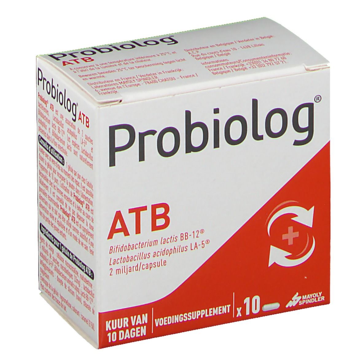 Boîte Probiolog ATB. Emballage rouge et blanc. Texte: ATB, Bifidobacterium lactis BB-12, Lactobacillus acidophilus LA-5, 2 milliards/capsule. 10 capsules.