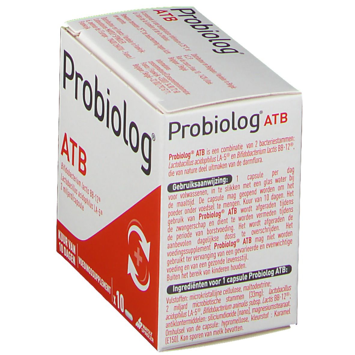 Boîte Probiolog ATB. Emballage blanc avec texte et logo rouge. Texte: ATB, Bifidobacterium lactis BB-12, Lactobacillus acidophilus LA-5, 2 milliards/capsule. 10 capsules.