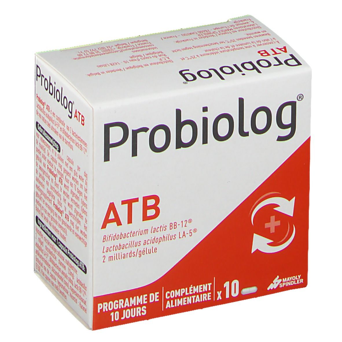 Boîte Probiolog ATB. Emballage blanc avec logo rouge et texte. Texte: ATB, Bifidobacterium lactis BB-12, Lactobacillus acidophilus LA-5, 2 milliards/gel.