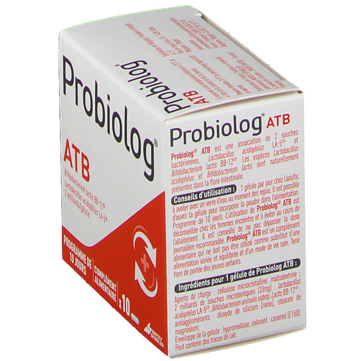 Boîte Probiolog ATB. Emballage blanc avec logo rouge et texte. Texte: ATB, Bifidobacterium lactis BB-12, Lactobacillus acidophilus LA-5, 2 milliards/gel.