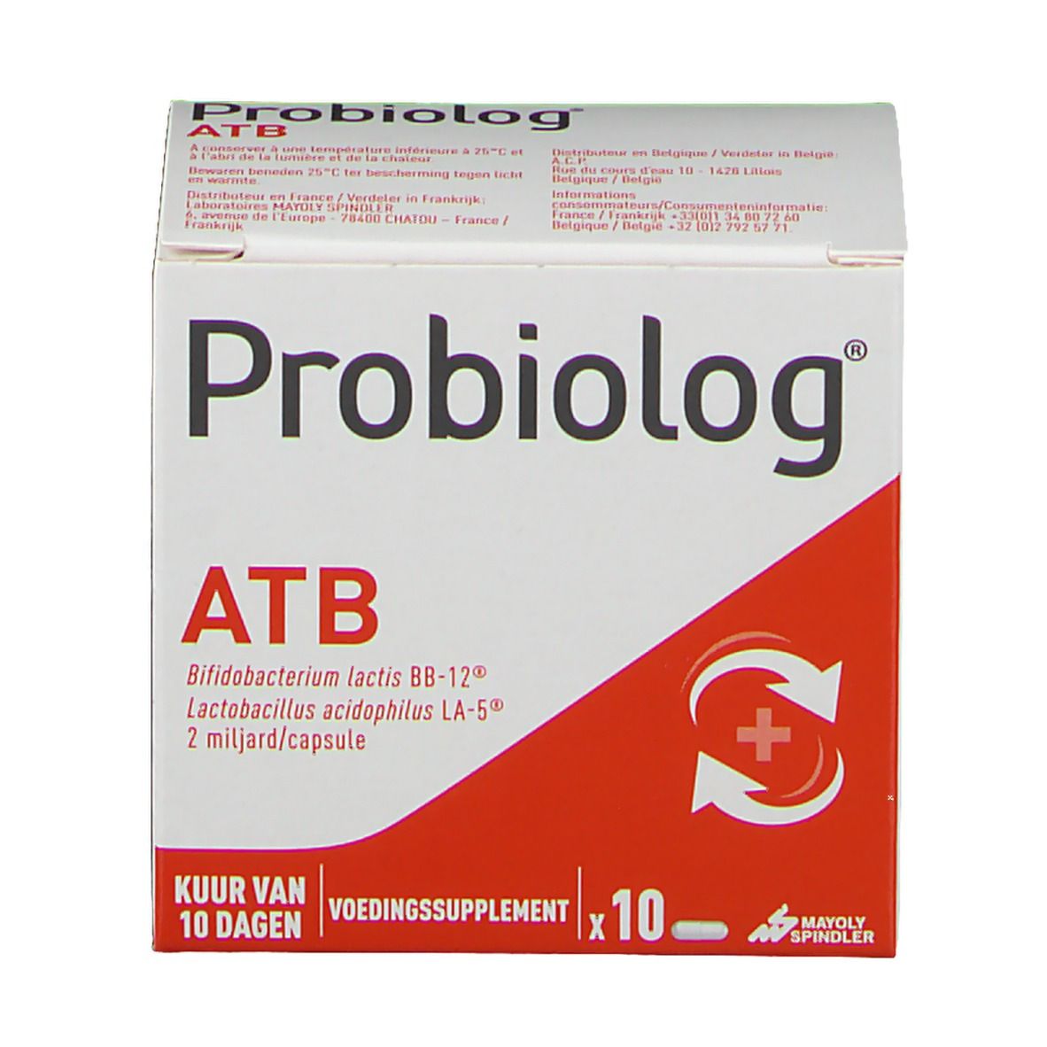 Boîte Probiolog ATB. Emballage rouge et blanc. Texte: ATB, Bifidobacterium lactis BB-12, Lactobacillus acidophilus LA-5, 2 milliards/capsule. 10 capsules.