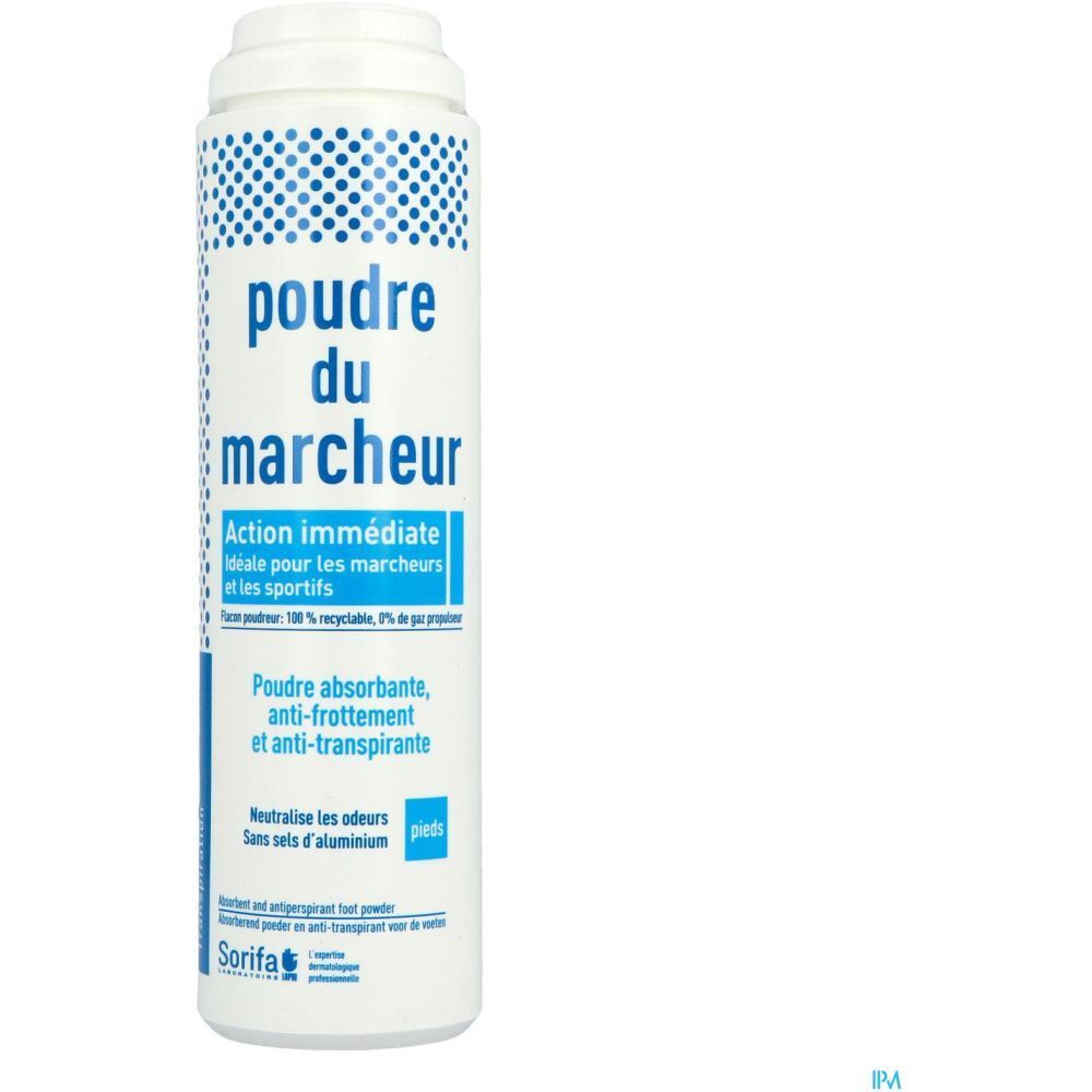 Witte cilindrische fles met blauwe opdruk. Tekst: Poudre du marcheur, Action immédiate, Poudre absorbante, anti-frottement.