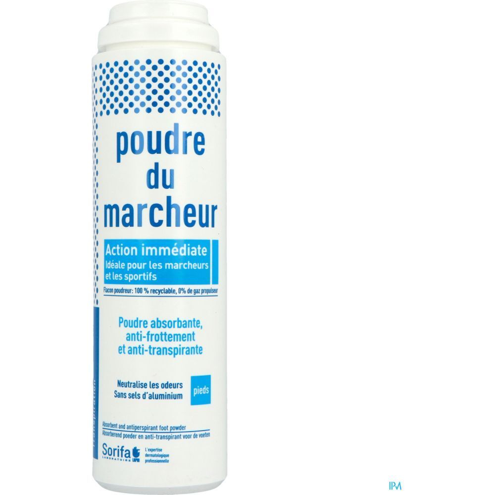 Witte cilindrische fles met blauwe opdruk. Tekst: Poudre du marcheur, Action immédiate, Poudre absorbante, anti-frottement.