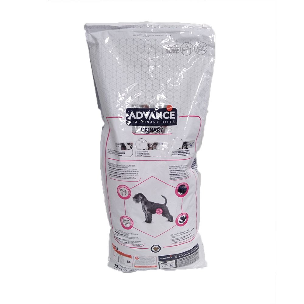 Sac de nourriture sèche pour chiens. Inscription: Advance Veterinary Diets Urinary. Image d'un chien.