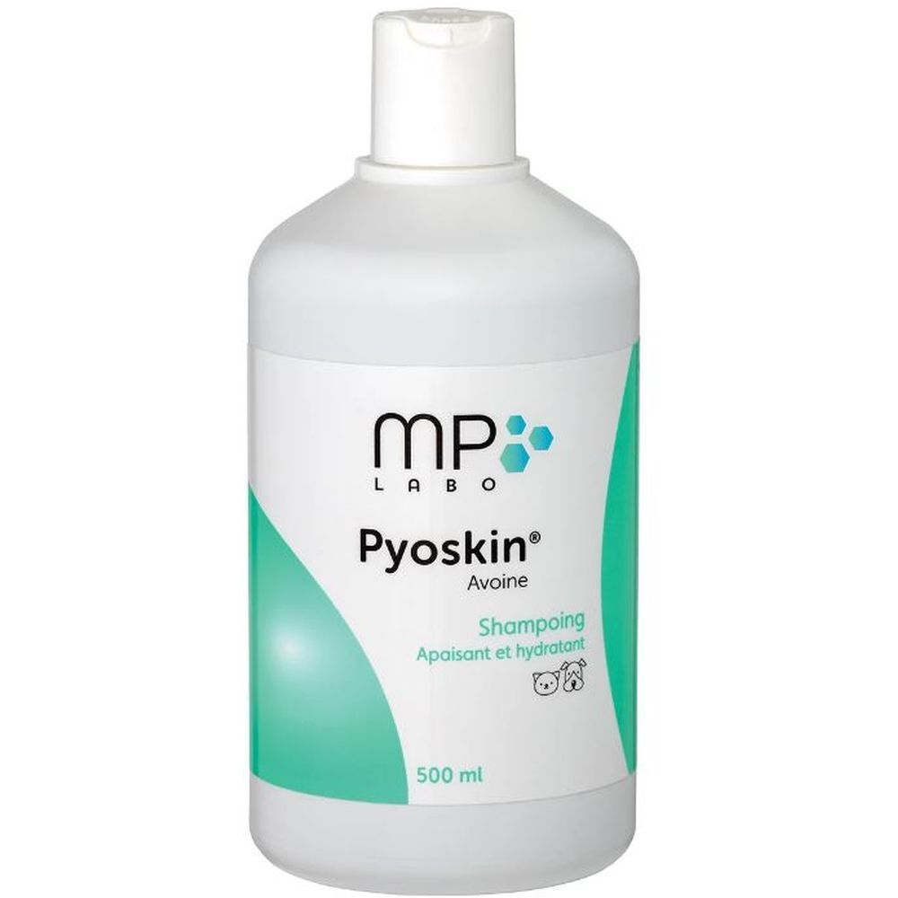 Flacon blanc avec étiquette verte. Inscription: MP Labo, Pyoskin, Avoine, Shampooing, 500 ml.
