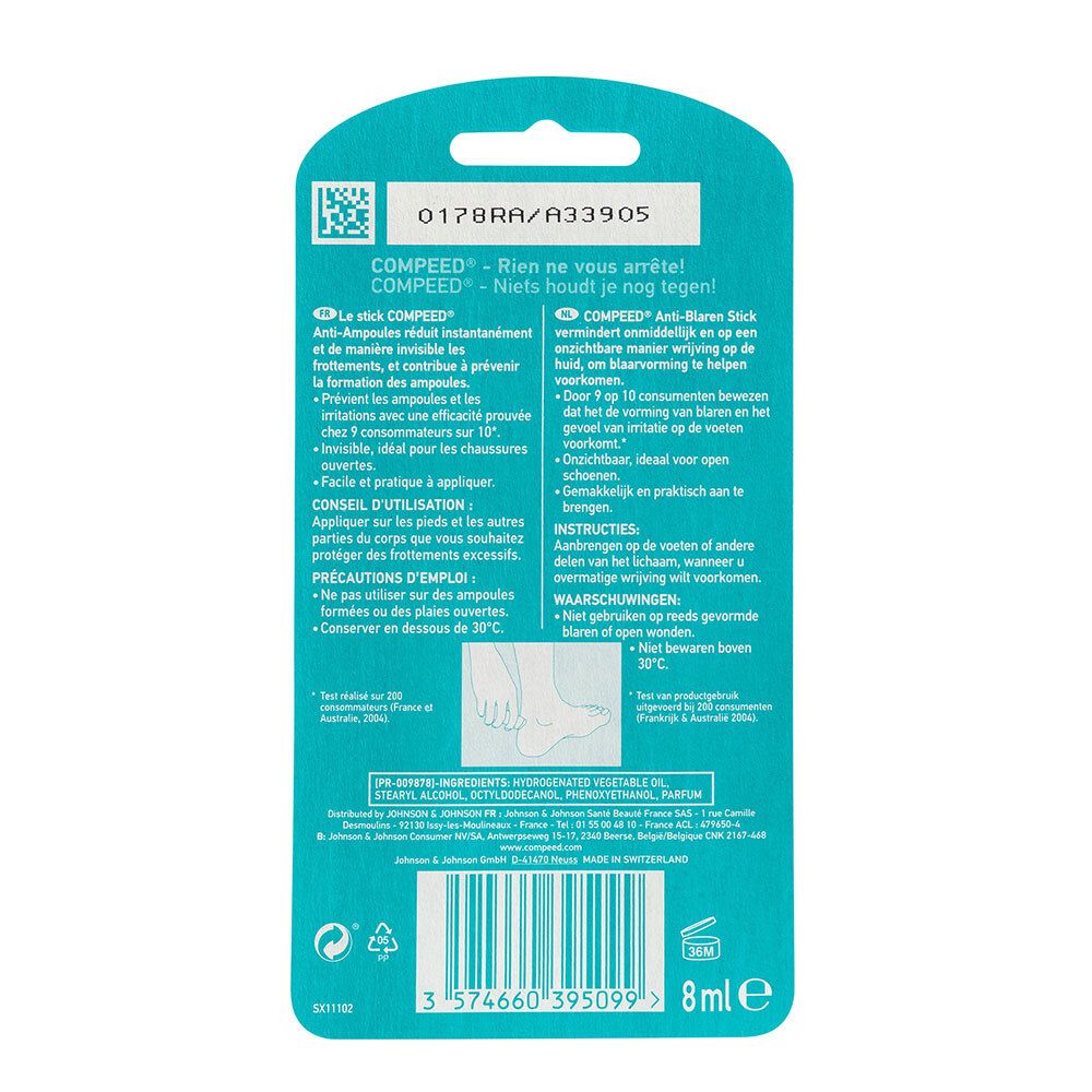 Rückseite der Compeed Anti-Blasen-Stick Verpackung. Text: Anwendung, Warnhinweise, Inhaltsstoffe, Herstellerinformationen, 8ml.