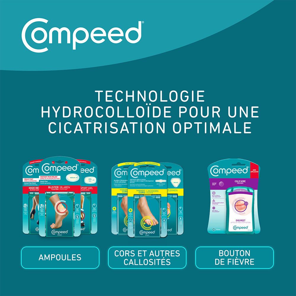 Drei Compeed-Verpackungen. Produkte für Blasen, Hühneraugen und Fieberblasen. Text: Hydrokolloid-Technologie für optimale Heilung.