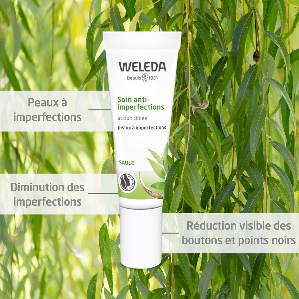Tube de produit sur fond vert. Texte : Peaux à imperfections, Diminution des imperfections, Réduction visible des boutons et points noirs.