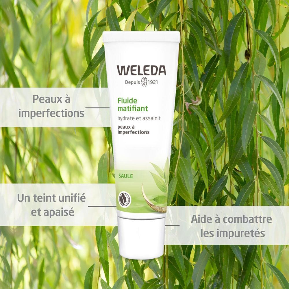 Tube WELEDA de fluide matifiant. Texte : Un teint unifié et apaisé. Aide à combattre les impuretés.