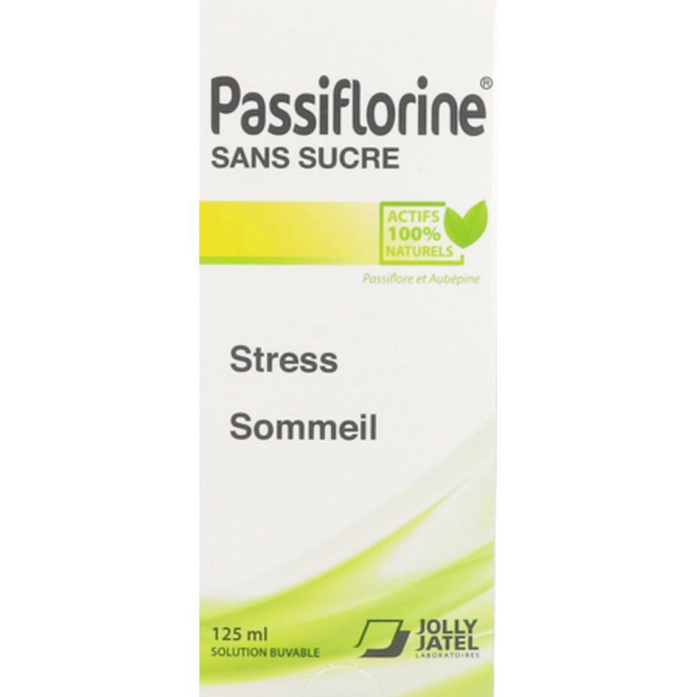 Boîte de Passiflorine sans sucre. Inscription 'Stress Sommeil'. Logo 'Actifs 100% naturels'. Flacon 125 ml.