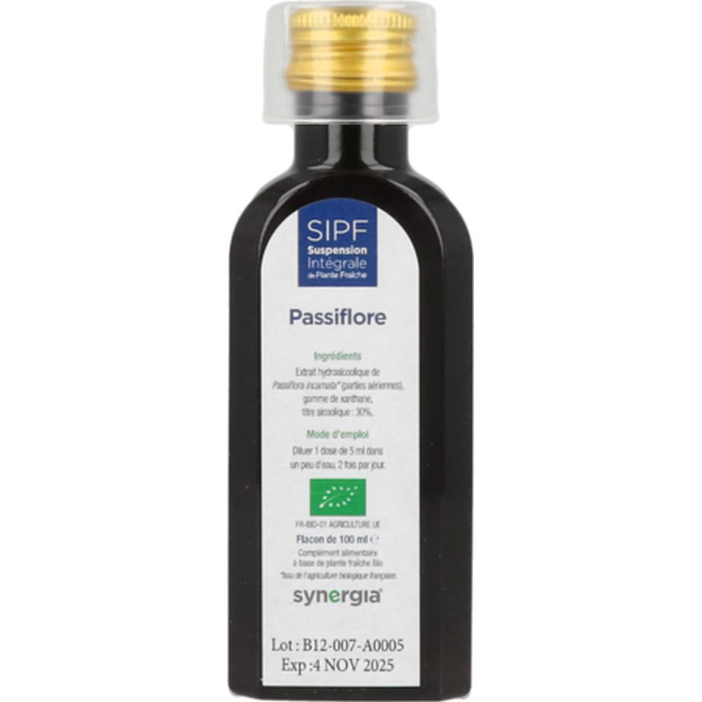 Flacon en verre brun avec bouchon doré. Étiquette Passiflore. Ingrédients et certification bio. Flacon 100 ml.