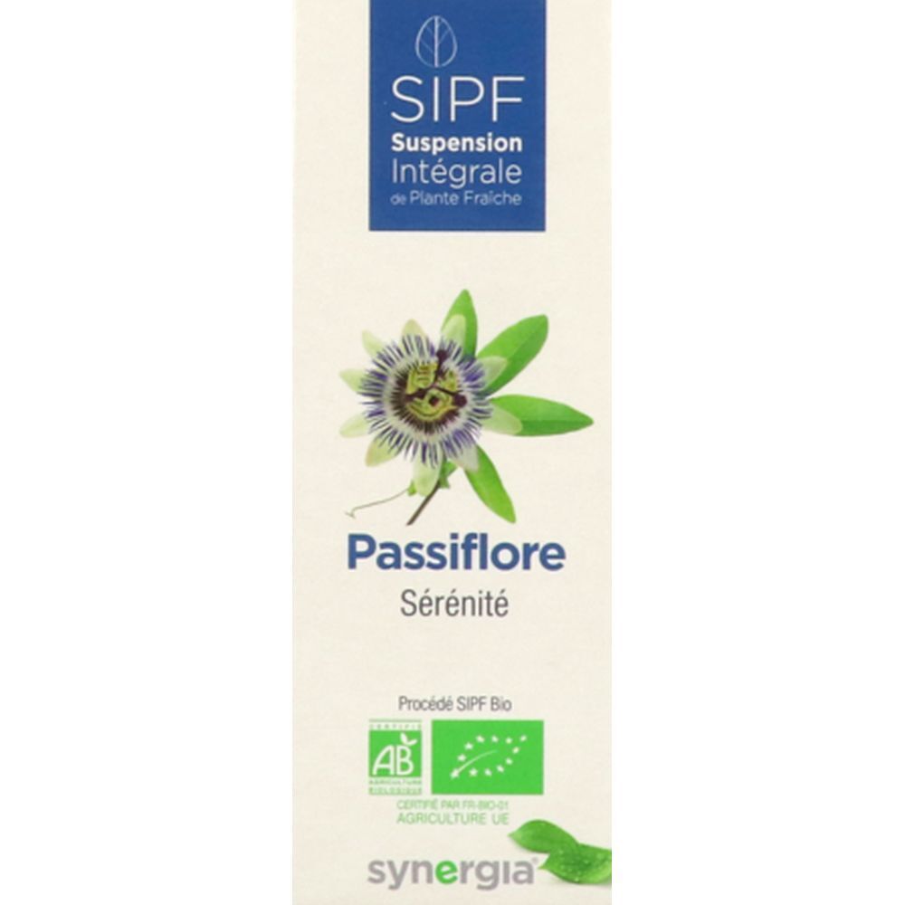 Étiquette blanche avec Passiflore et fleur de la passion. Certification bio. Marque Synergia. Sérénité.