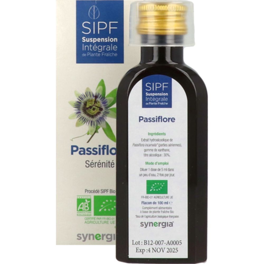 Flacon en verre brun avec bouchon doré. Étiquette Passiflore. Ingrédients et certification bio. Flacon 100 ml.
