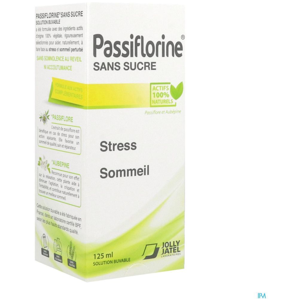Boîte de Passiflorine sans sucre. Inscription 'Stress Sommeil'. Logo 'Actifs 100% naturels'. Flacon 125 ml.