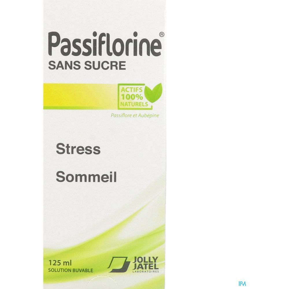 Boîte de Passiflorine sans sucre. Inscription 'Stress Sommeil'. Logo 'Actifs 100% naturels'. Flacon 125 ml.