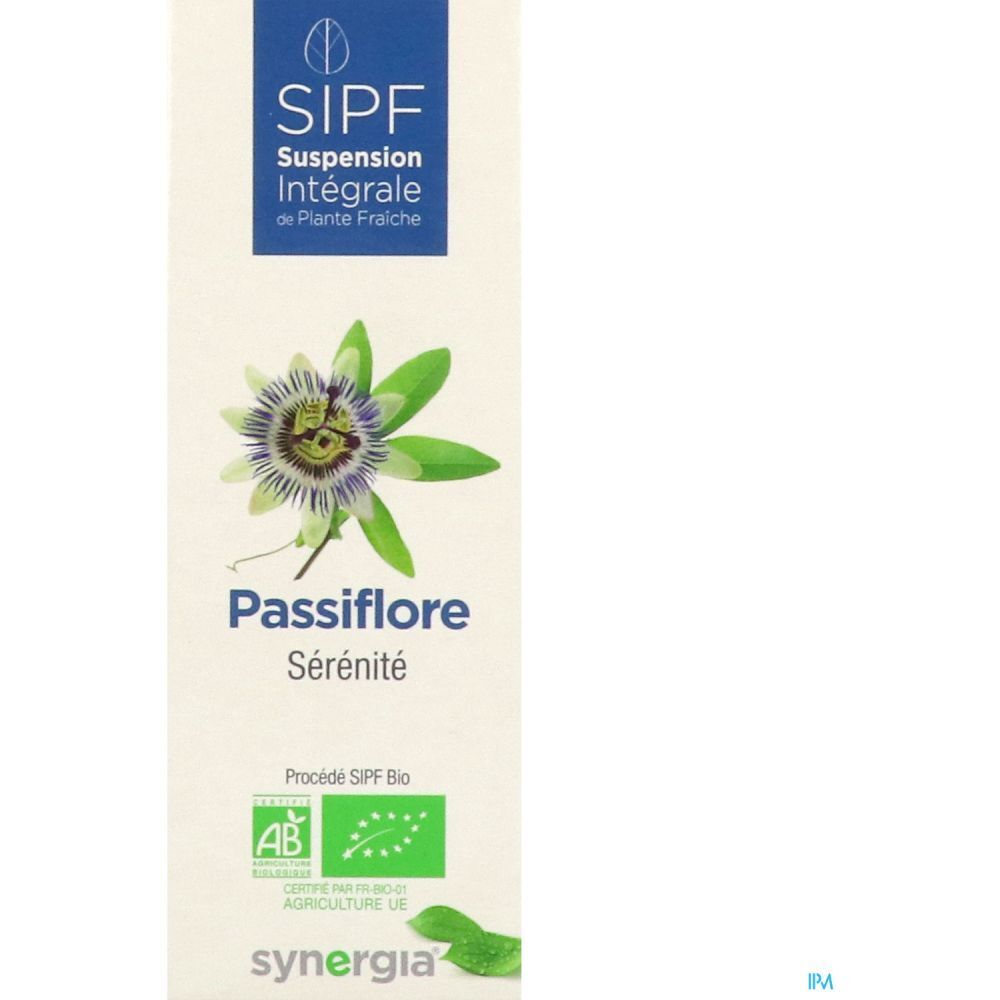 Étiquette blanche avec Passiflore et fleur de la passion. Certification bio. Marque Synergia. Sérénité.