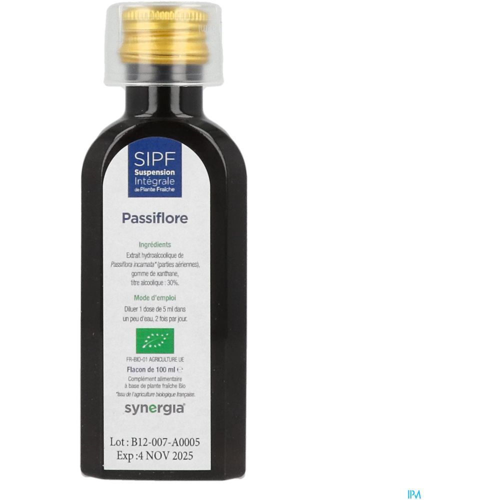 Flacon en verre brun avec bouchon doré. Étiquette Passiflore. Ingrédients et certification bio. Flacon 100 ml.