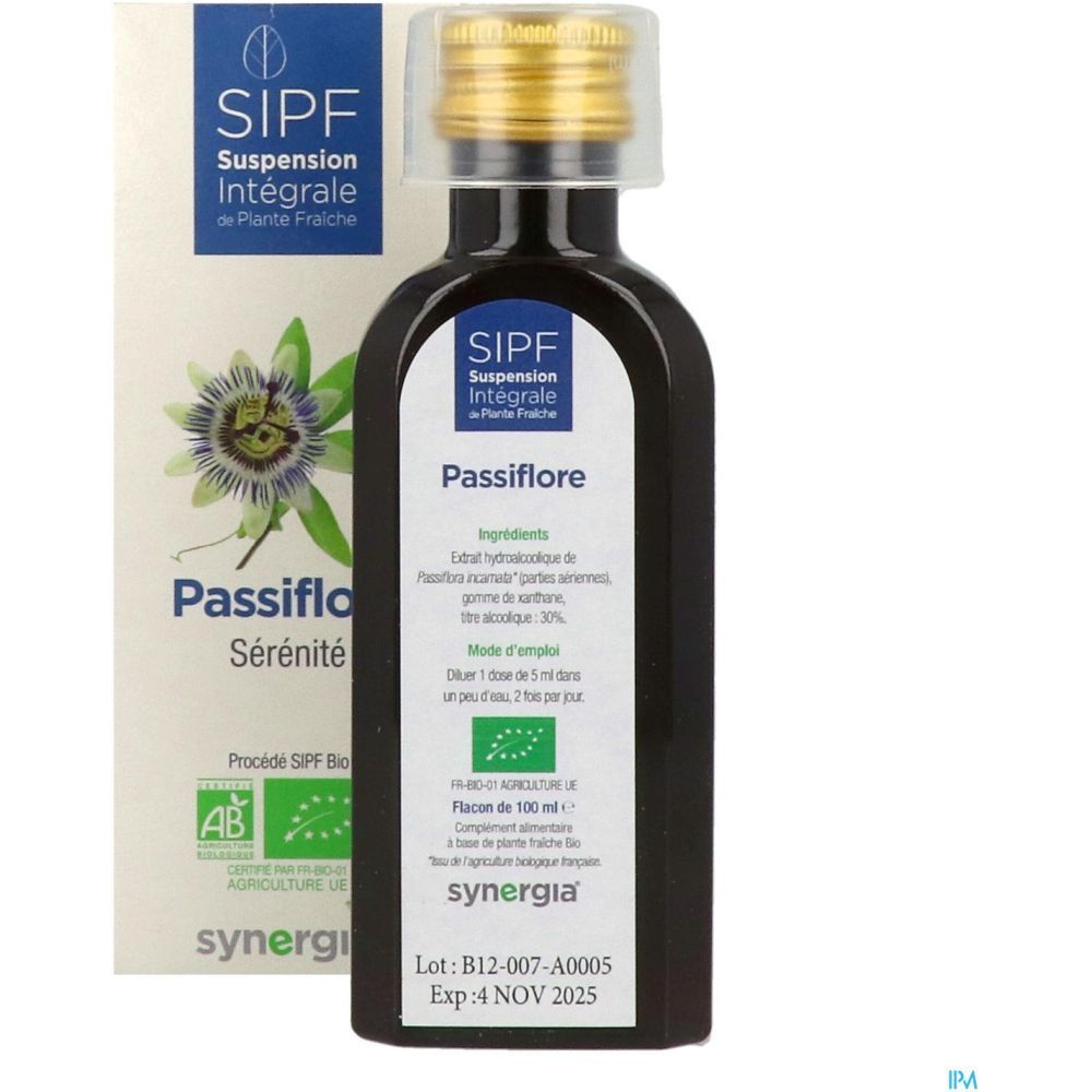 Flacon en verre brun avec bouchon doré. Étiquette Passiflore. Ingrédients et certification bio. Flacon 100 ml.
