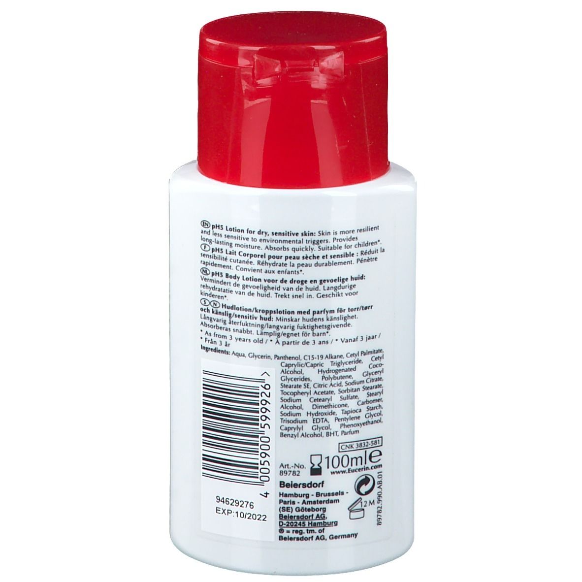 Rückseite der weißen Flasche mit rotem Deckel. Text: pH5 Lotion für trockene, empfindliche Haut. 100ml. Barcode.