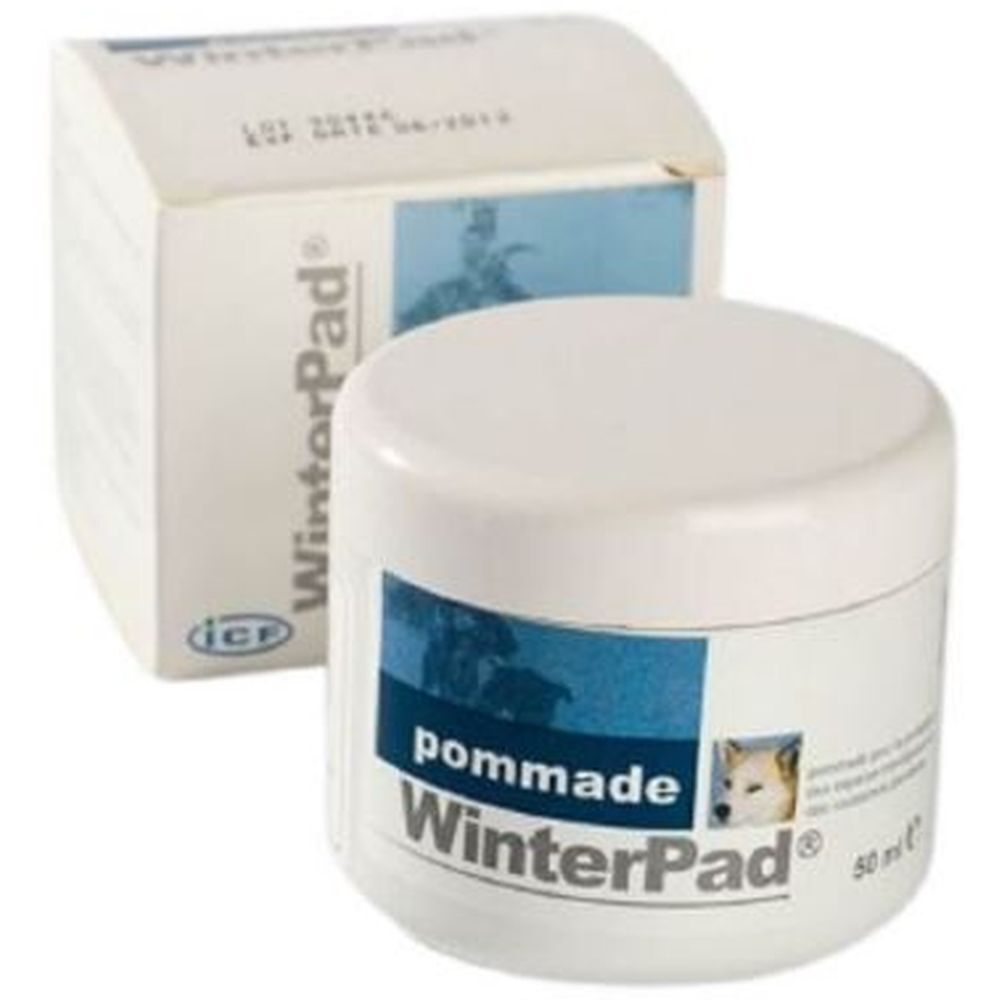 Creme-Dose und Karton. Aufschrift WinterPad, pommade. Enthält 50 ml. Mit Abbildung eines Hundes.