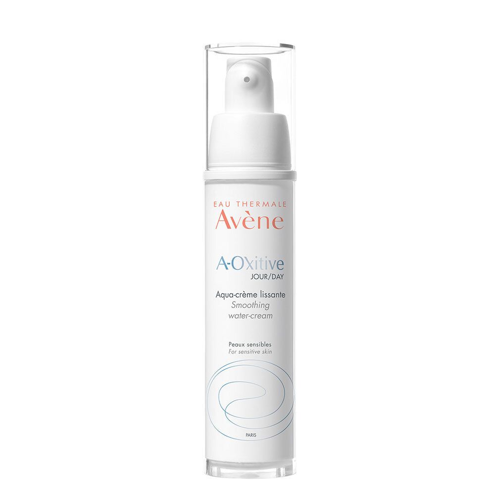 Avene A-Oxitive Aqua-crème. Flacon blanc avec pompe. Nom et informations du produit imprimés.