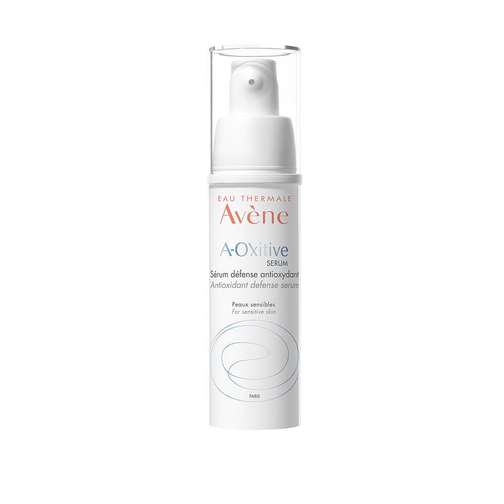Flacon de sérum Avene A-Oxitive. Flacon blanc avec pompe et bouchon transparent.