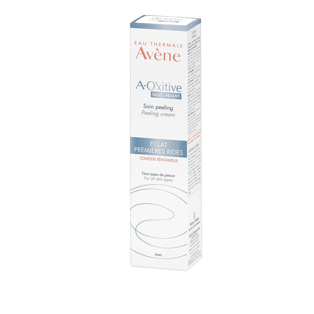 Emballage carton. Avene A-Oxitive Nuit. Pour tous types de peaux. Eclat Premières Rides.