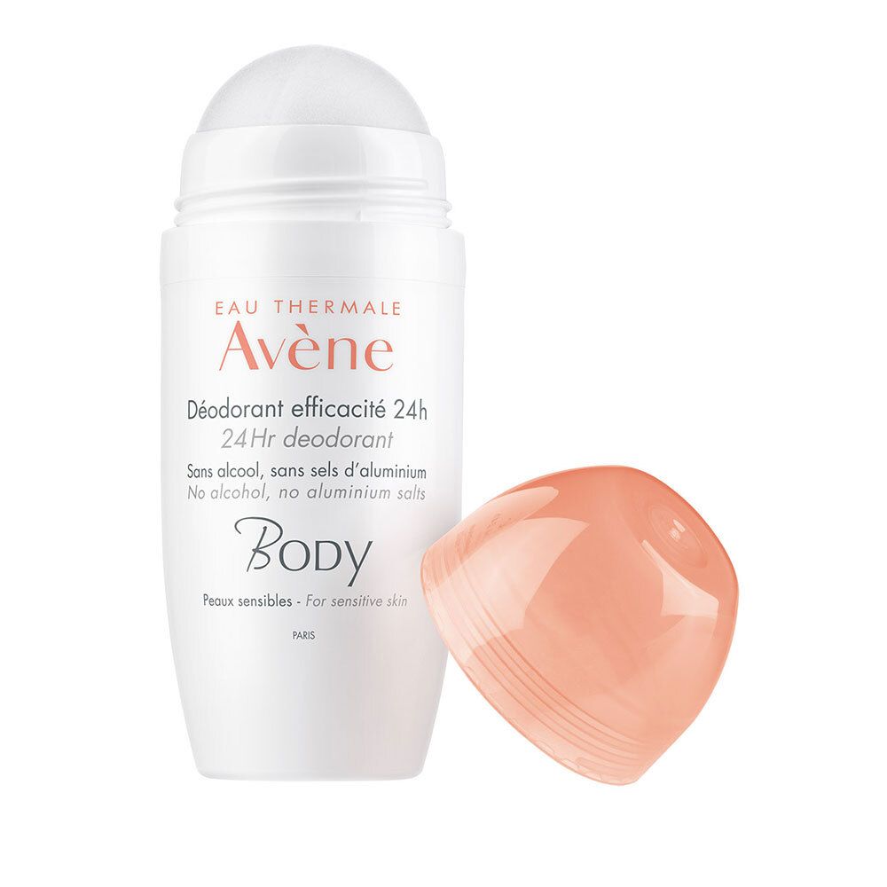 Weißer Deoroller mit abgenommenem rosafarbenem Deckel. Aufschrift: Eau Thermale Avène, Déodorant efficacité 24h, Body. Für empfindliche Haut.