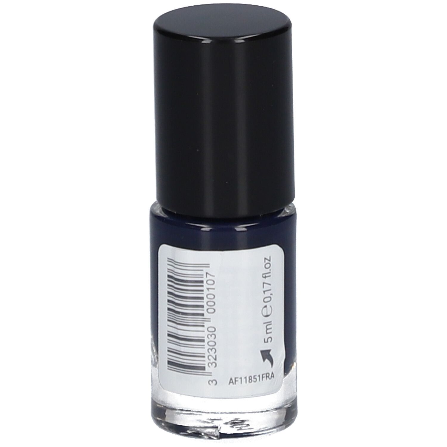 Blauer Nagellackflakon mit schwarzem Deckel. Aufschrift: d'âme nature, ECRINAL, Vernis LE BLEU. Barcode.